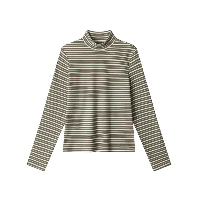 Striped Mock Neck Fitted Long-Sleeve Tee