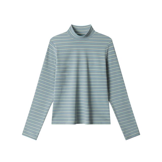 Striped Mock Neck Fitted Long-Sleeve Tee
