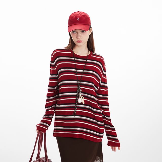 Striped Crew Neck Relaxed Pullover Sweater