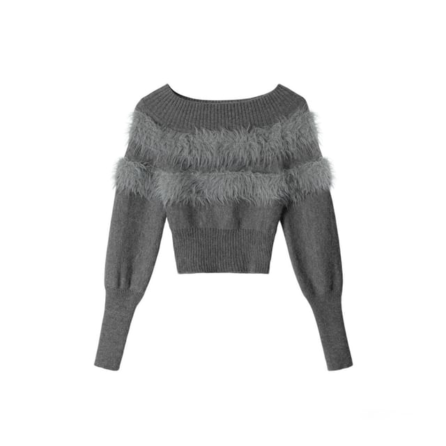 Faux Fur Panel Fitted Long-Sleeve Sweater