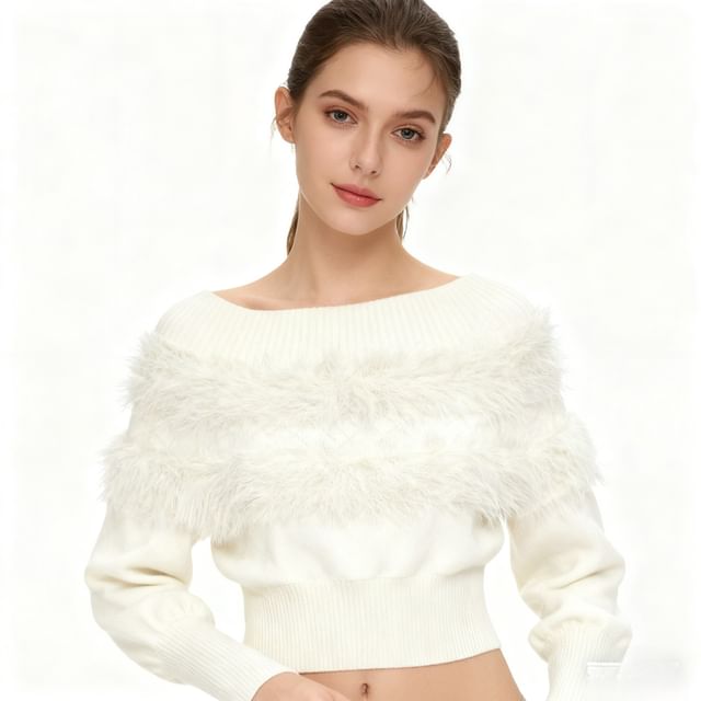 Faux Fur Panel Fitted Long-Sleeve Sweater