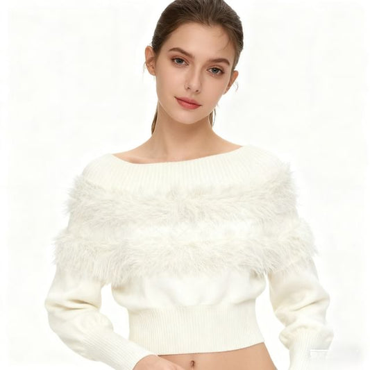 Faux Fur Panel Fitted Long-Sleeve Sweater