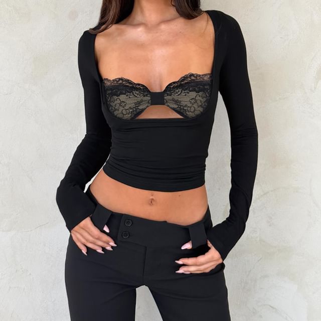 Sheer Paneled Fitted Crop Top with Mock Neck and Lace Trim