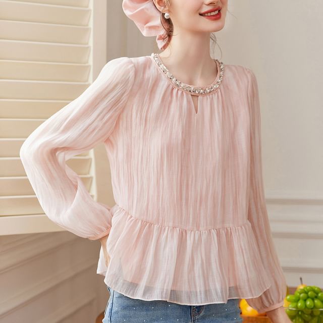 Embellished Ruffle Hem Round Neck Blouse Long Sleeve