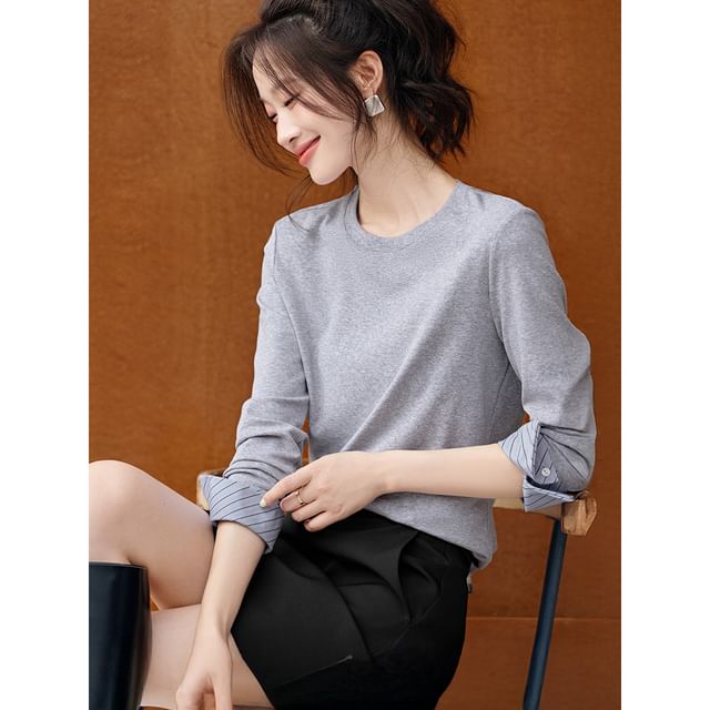Long Sleeve Striped Tee with Round Neckline