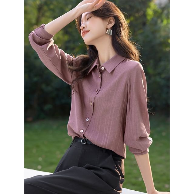 Tie-Dye Button-Up Shirt with Collar and Long Sleeves