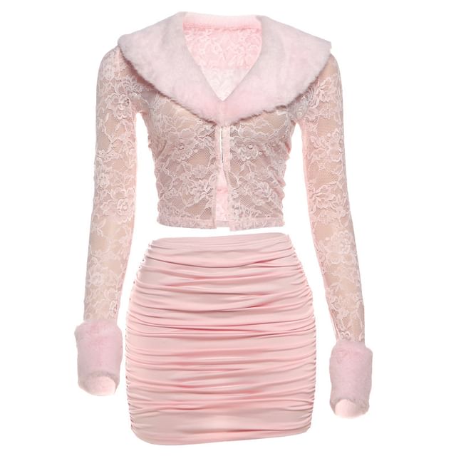 Set: Lace-Trimmed Crop Top with Slim Fit and Mini Pencil Skirt