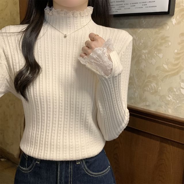 Ribbed Knit Top with Lace Trim and High Neck