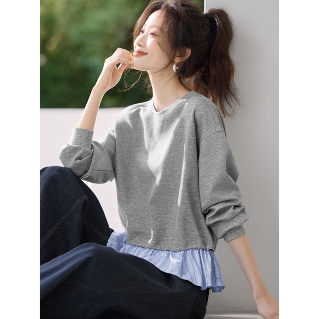 Striped Crewneck Knit Pullover with Faux Two-Piece Look