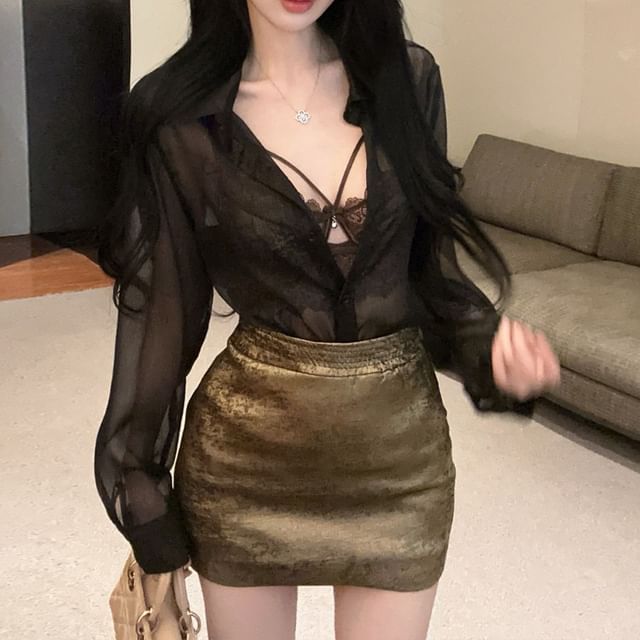 Set: Lace Bralette, Mesh Button-Up Shirt, and Mini Pencil Skirt