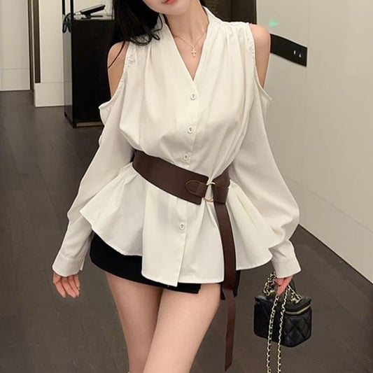Cold Shoulder V-Neck Button Blouse Set with Belt