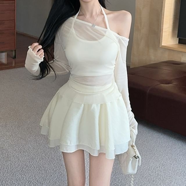 Halter Crop Top and Off-Shoulder Mesh Top with Skirt Set