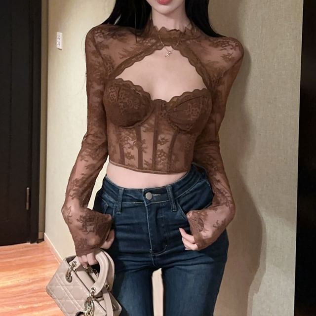 Mock Neck Bustier Top with Cutout Lace Details