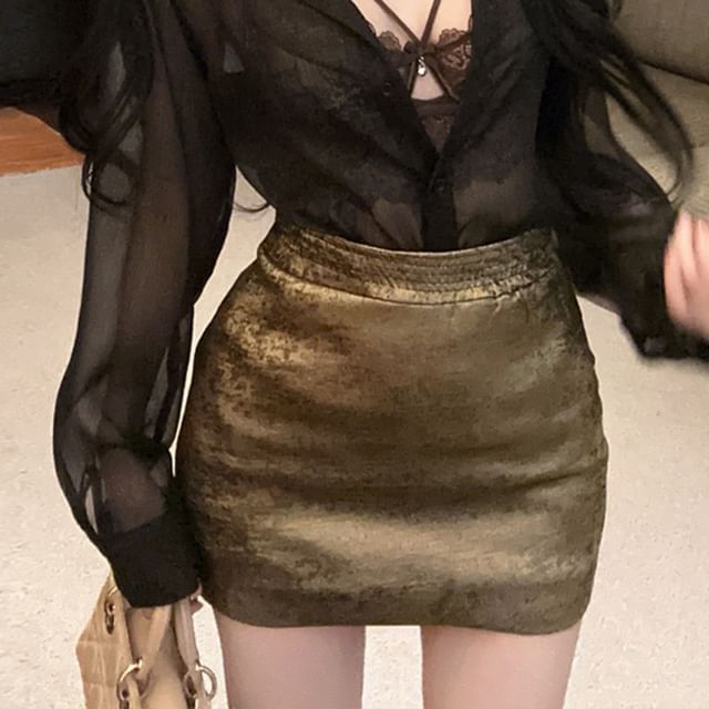 Set: Lace Bralette, Mesh Button-Up Shirt, and Mini Pencil Skirt