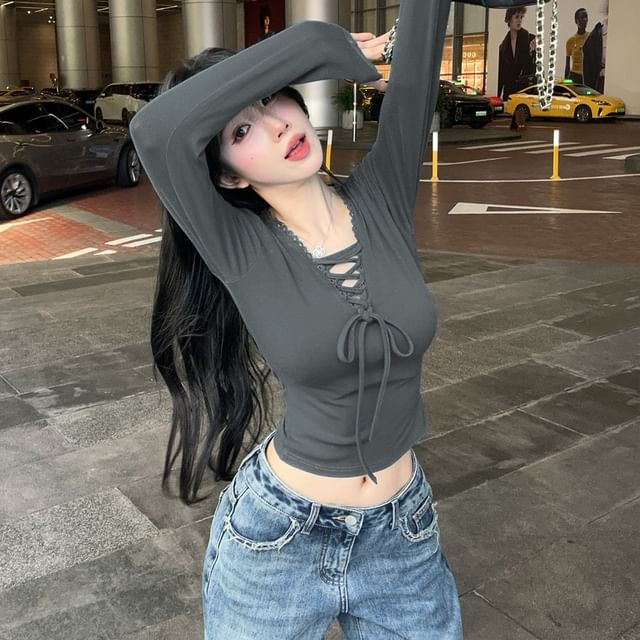 Slim-Fit Lace-Up V-Neck Long Sleeve Crop Shirt
