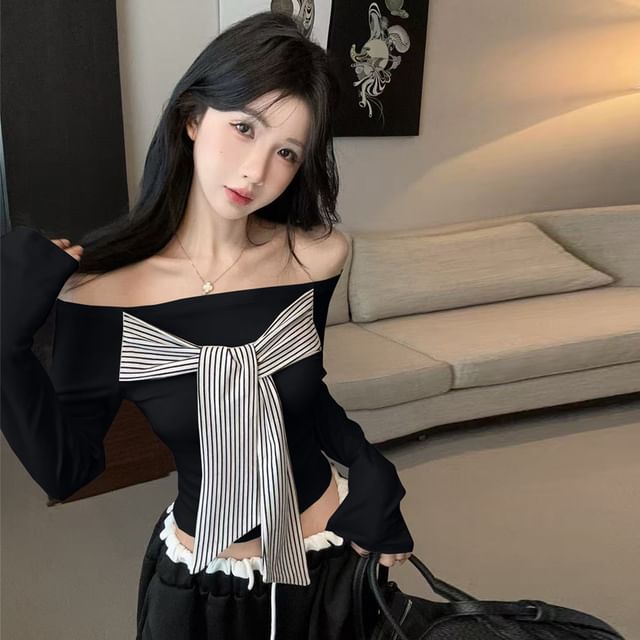 Off-Shoulder Crop Top with Striped Panels and Front Tie