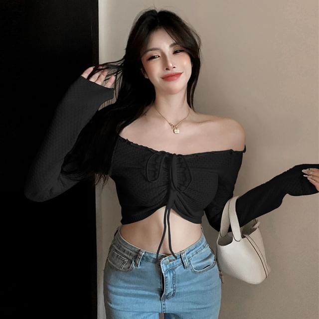Off-Shoulder Drawstring Knit Crop Top Long Sleeve