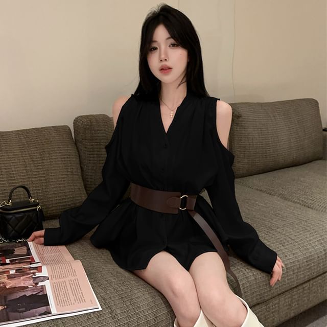 Cold Shoulder V-Neck Button Blouse Set with Belt