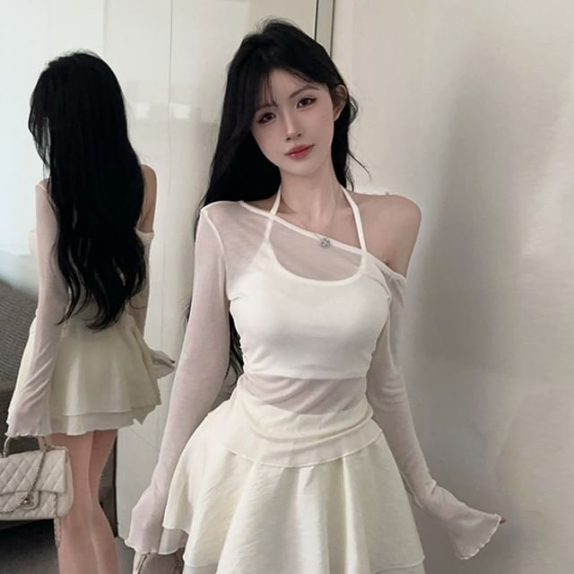 Halter Crop Top and Off-Shoulder Mesh Top with Skirt Set