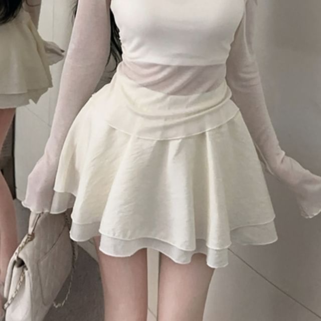 Halter Crop Top and Off-Shoulder Mesh Top with Skirt Set