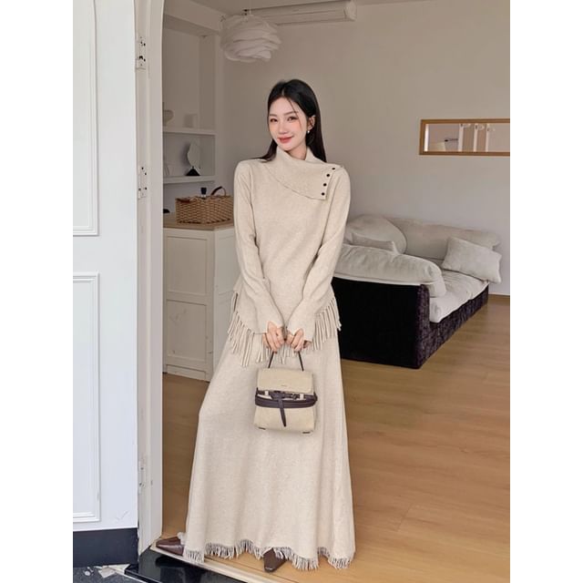 Set: Fringed Hem Sweater with Mock Neck and Maxi A-Line Skirt