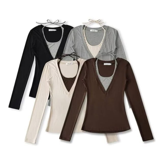 Halter Neck Two-Tone Top with Long Sleeves and Faux Two-Piece Look