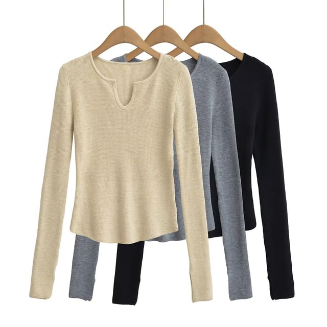 Notched Neck Knit Top with Long Sleeves