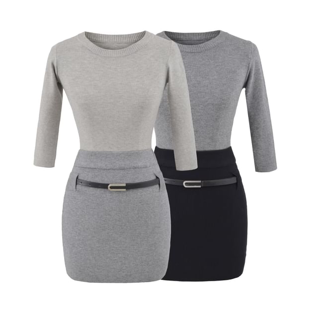 Three-Quarter Sleeve Knit Top with Crew Neck and Matching Mini Skirt