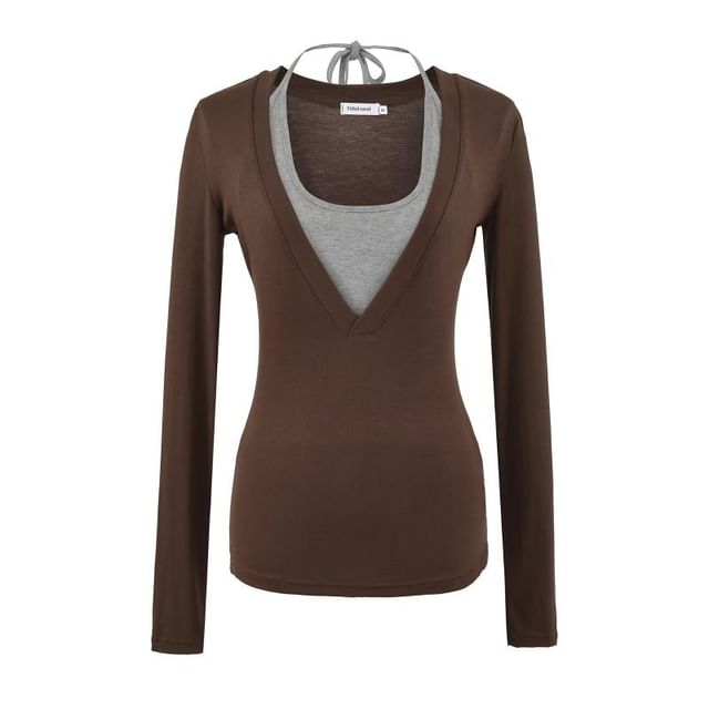 Halter Neck Two-Tone Top with Long Sleeves and Faux Two-Piece Look