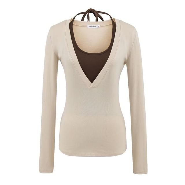 Halter Neck Two-Tone Top with Long Sleeves and Faux Two-Piece Look
