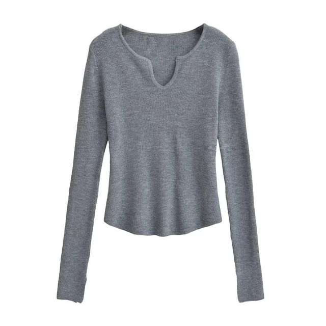 Notched Neck Knit Top with Long Sleeves