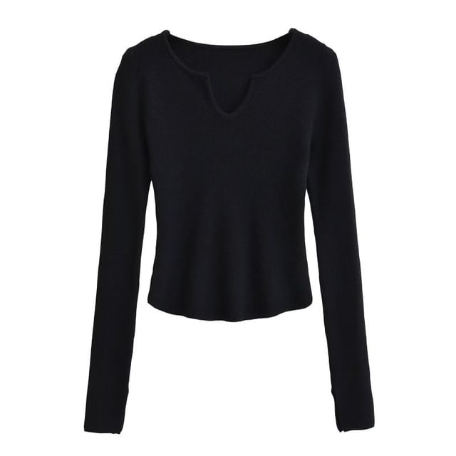 Notched Neck Knit Top with Long Sleeves