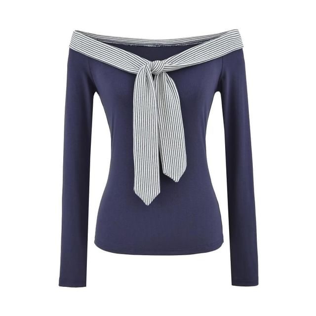 Off-Shoulder Striped Top with Long Sleeves