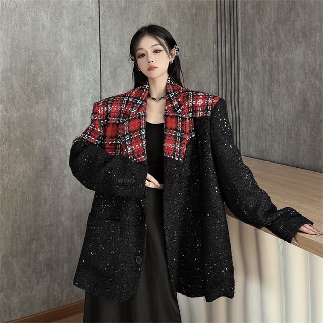 Notch Lapel Plaid Glitter Panel Tweed Single Breasted Blazer