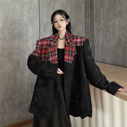 Notch Lapel Plaid Glitter Panel Tweed Single Breasted Blazer