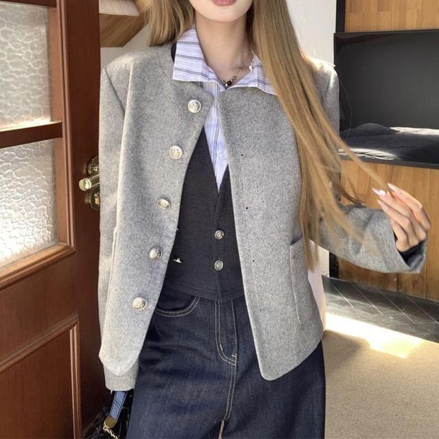 Round Neck Plain Button Up Wool Jacket