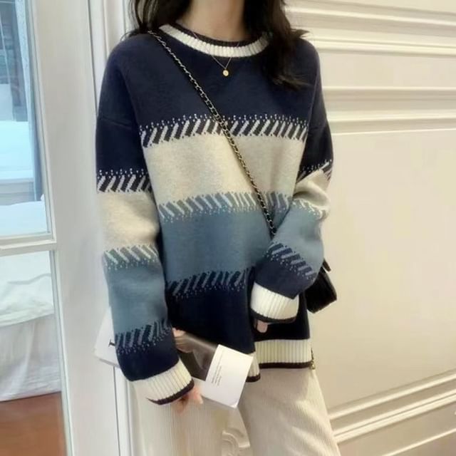 Color Block Round Neck Pullover Sweater