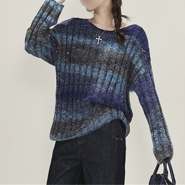 Ombre Ribbed Crewneck Sweater with Gradient Effect