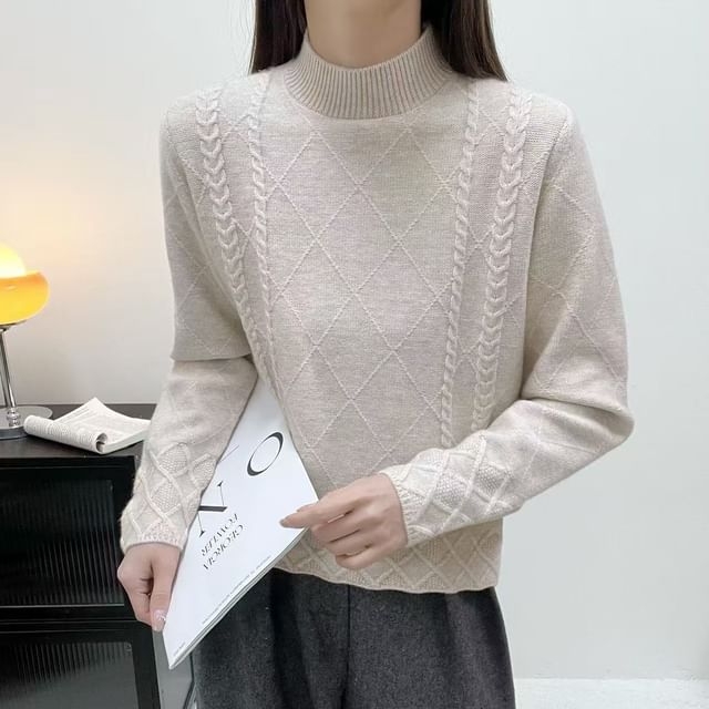 Textured Cable Knit Mock Neck Long-Sleeve Top