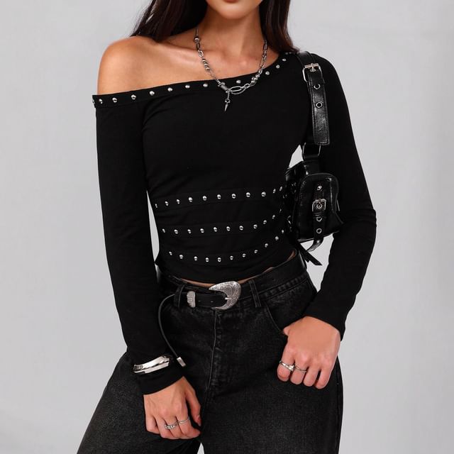 Studded Off-Shoulder Long-Sleeve Tee
