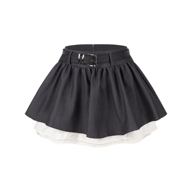 Tweed Button Up Jacket / High Rise Mini A-Line Skirt / Long-Sleeve Plain Ruffle Trim Blouse