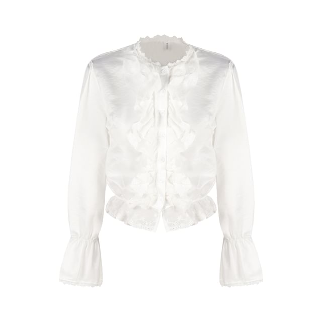 Tweed Button Up Jacket / High Rise Mini A-Line Skirt / Long-Sleeve Plain Ruffle Trim Blouse