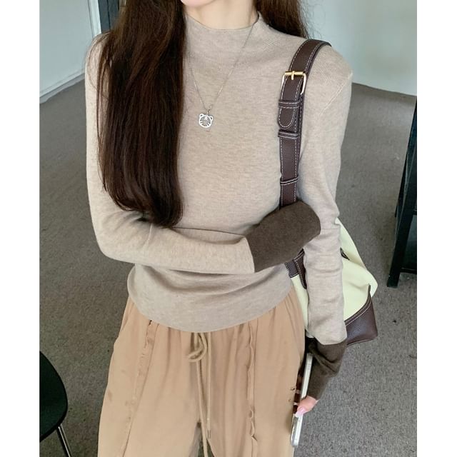 Color-Block Slim Fit Mock Neck Long Sleeve Knit Tee
