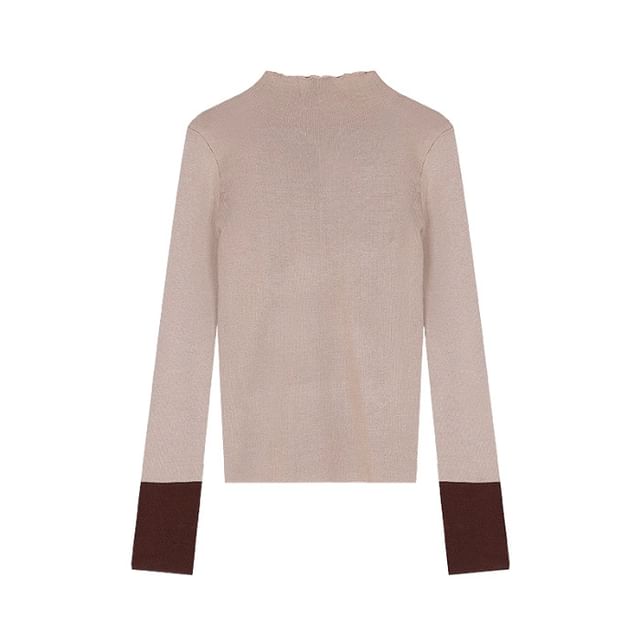 Color-Block Slim Fit Mock Neck Long Sleeve Knit Tee