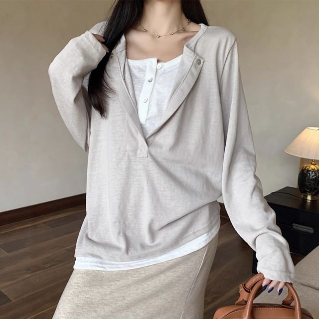 Loose Color-Block Two-Piece Long Sleeve Tee
