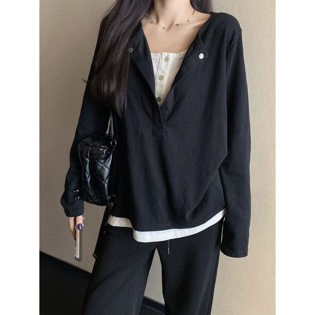 Loose Color-Block Two-Piece Long Sleeve Tee
