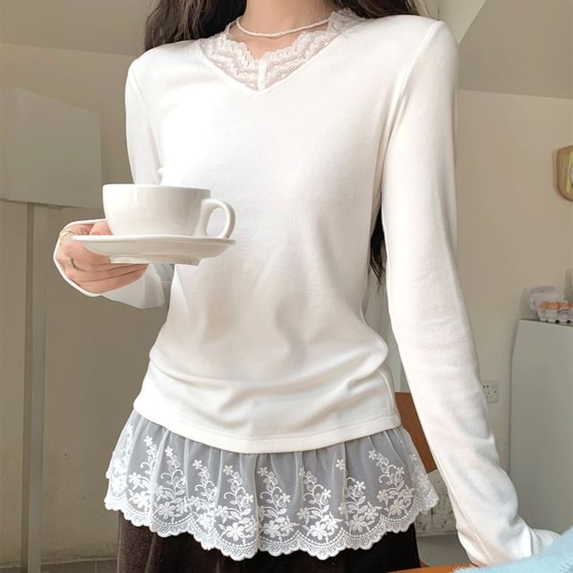 V-Neck Lace-Trimmed Fitted Long Sleeve Tee