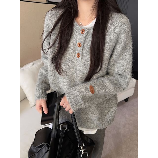 Relaxed Half-Button Long Sleeve Knit Sweater