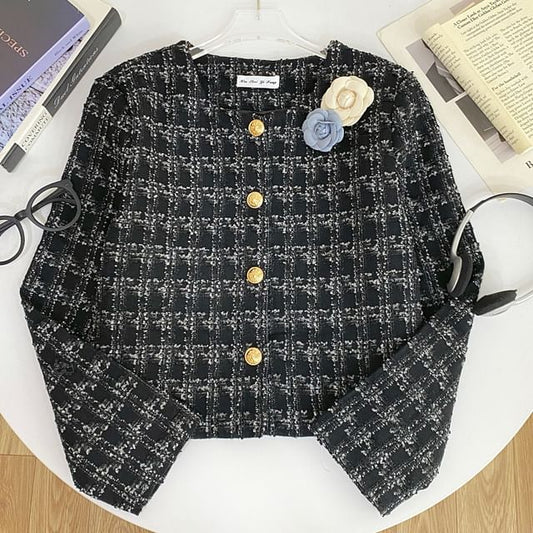 Crew Neck Plaid Flower Accent Button-Up Tweed Crop Jacket