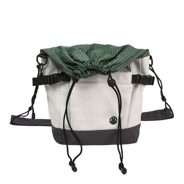 Plaid Panel Buckled Drawstring Crossbody Bag